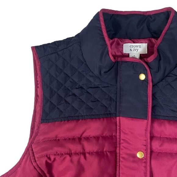 Crown & Ivy Puffer Vest Fuchsia Navy Zip Pockets Adjustable Straps Women Small - Picture 4 of 12